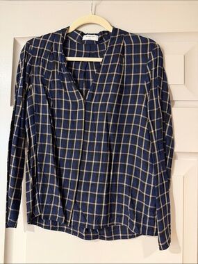 Babaton Navy and Cream Plaid Long Sleeve V-Neck Blouse